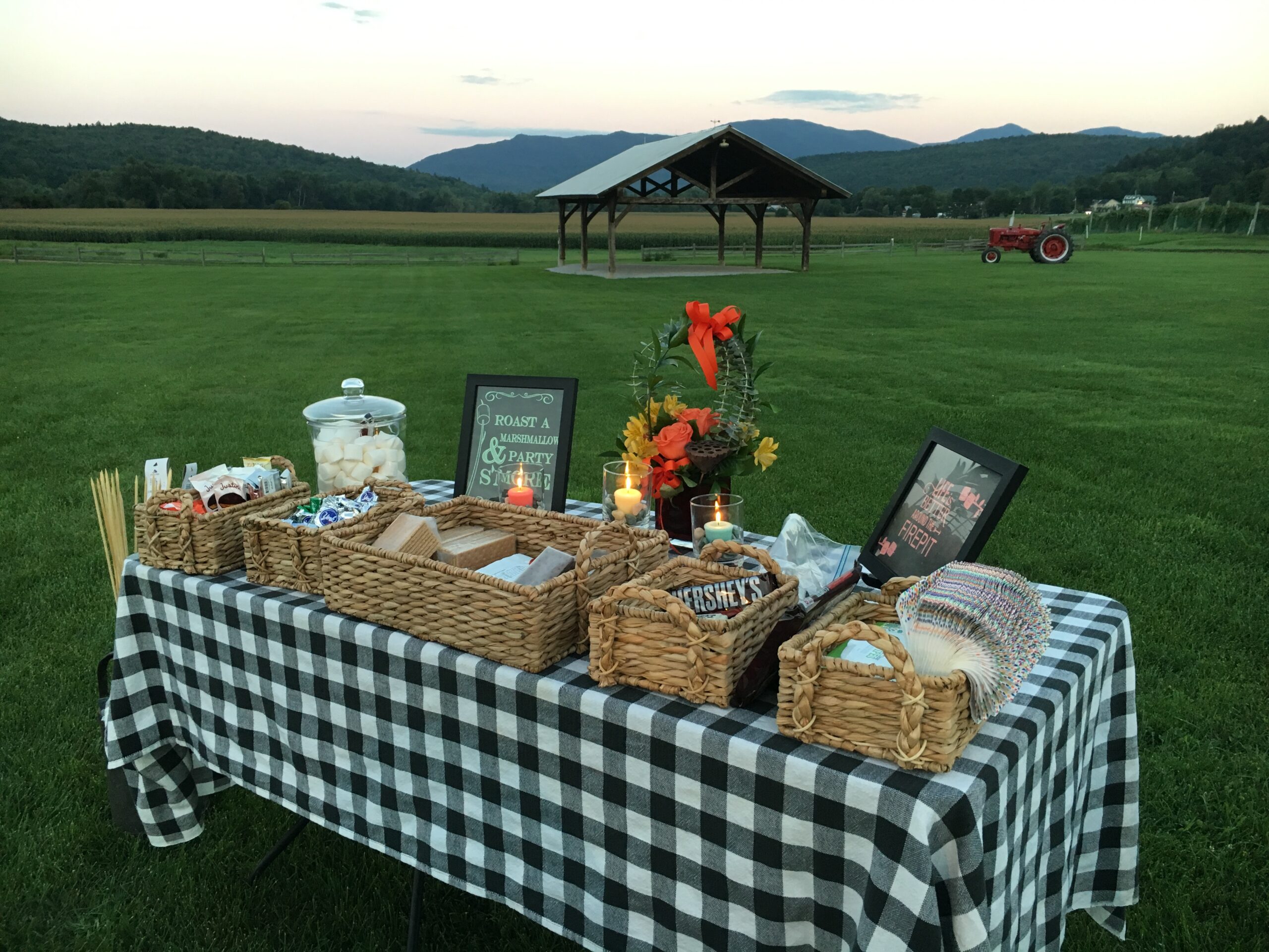 A s'mores station outside at a couple's summer wedding venue in Vermont